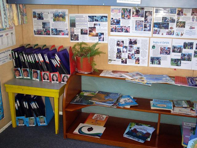 Corner in a room with walls full of pictures, books on a table and magazines on stand