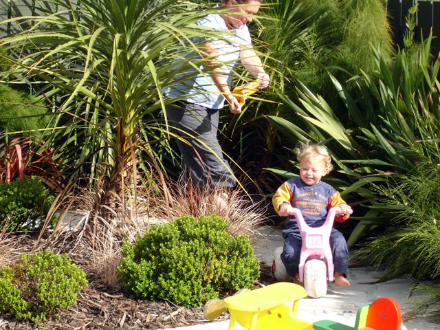 Small child on a bike in a garden